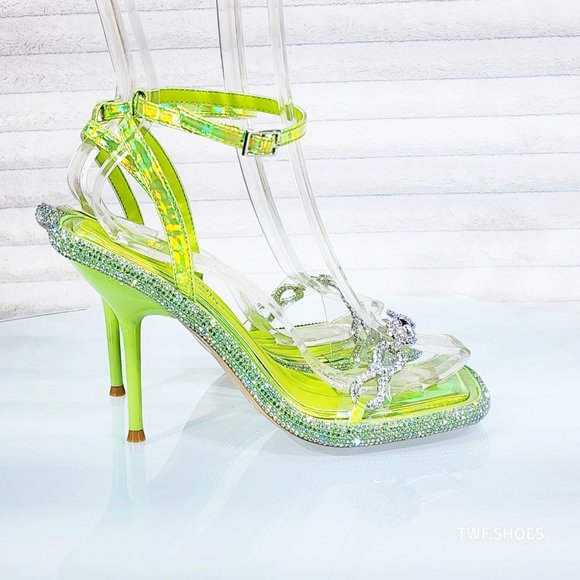 Mini .5" Rhinestone Platform Lime Green Hologram Upper Wrap Strap Heels Baily - Picture 12 of 17